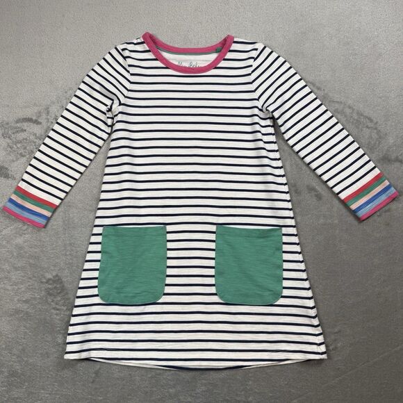 Mini Biden Dress Girls 5-6T White Blue Stripe Pocket Front Long Sleeve Crew Cute - Picture 1 of 9